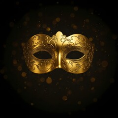 A striking golden Venetian mask on a black background, showcasing its elaborate craftsmanship and rich color.