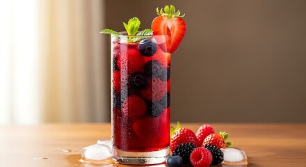 Refreshing Berry Infused Water with Fresh Fruits and Ice Cubes.