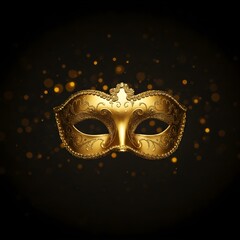  Elegant golden Venetian mask displayed on a dark black background, highlighting its ornate details.