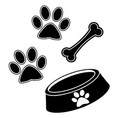 Dog accessories including a bone, paw prints, and a food bowl