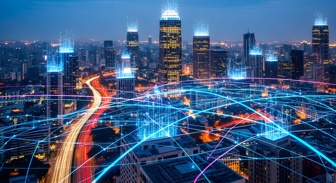 Smart city network connecting modern skyscrapers and data flow