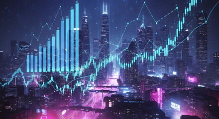 Digital stock market data overlay on a vibrant city skyline