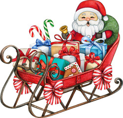 Watercolor hand drawn cartoon santa on a vintage sleigh