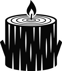Stylized tree stump candle icon, natural wood log design with a burning flame, simple vector art illustration.
