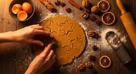 Person cutting out star-shaped cookies on a wooden table. A warm, inviting studio shot of holiday baking preparations. Christmas baking, festive mood, seasonal treats.