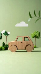 Cardboard car, cloud, trees, and greenery on pastel green backdrop