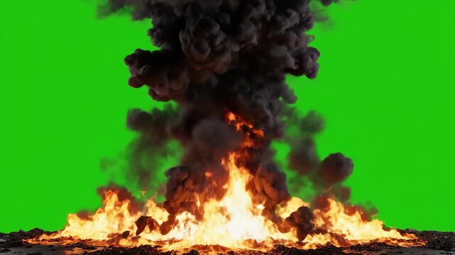 Explosion on Green Screen - A large explosion with fire and dark smoke is centered on a green screen background. The explosion's flames are orange and yellow, and the smoke is black.