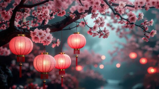 Chinese New Year celebration in Asia. Pink and red lanterns on Japanese cherry trees for Lunar New Year party. Background with glitter and bokeh. Cherry blossoms