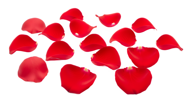 Scattered Red Rose Petals Isolated on a White Background, Symbolizing Love and Romance