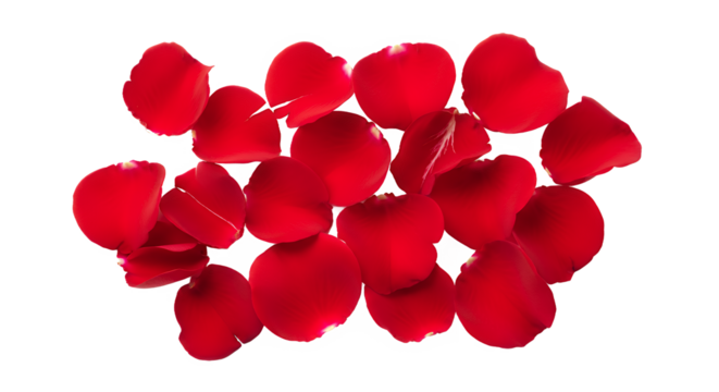 A scattering of vibrant red rose petals, symbolizing love and romance, artfully arranged on a clean white background for a touch of elegance