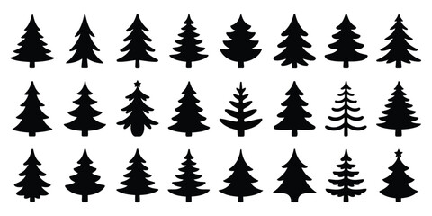 Obraz premium Collection of TwentyOne Black Silhouette Christmas Tree Icons in Varying Styles and Shapes