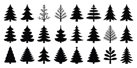 Fototapeta premium Diverse Black Silhouettes of Evergreen Trees and Bare Branches on White Background