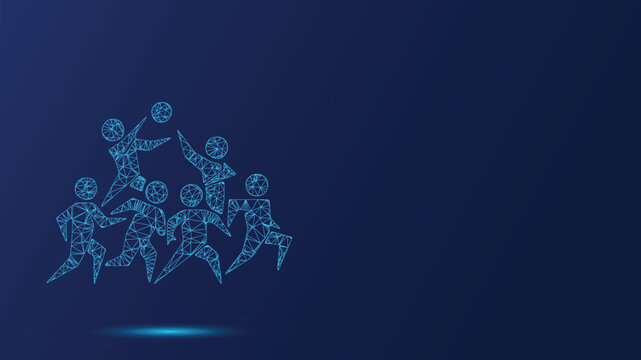 Futuristic Technology Abstract Concept: Low-Poly Athlete Team in Digital Blue Network for Teamwork, Sports, Innovation, and Creative Industry Representations 