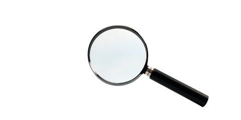 A black handled magnifying glass with a metallic rim rests against a dark background