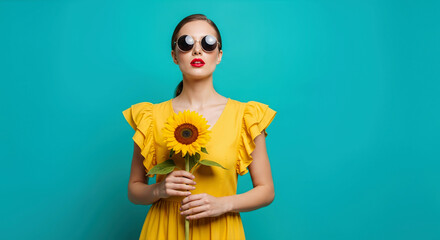 Woman holding sunflower against a vibrant background. A stylish portrait of summer and cheerfulness. Floral fashion, summer bloom, positive energy.