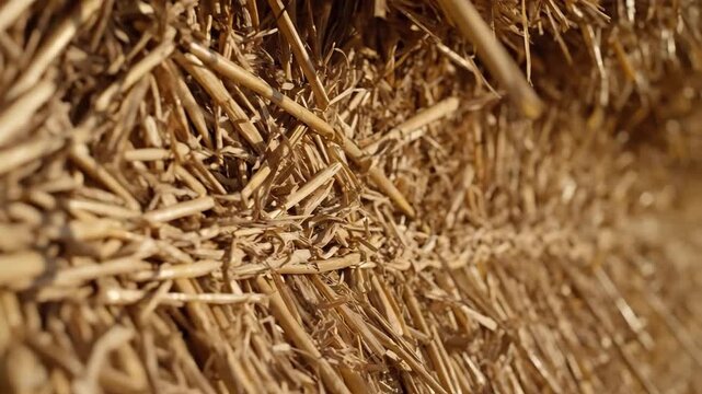 Close-up of a Hay Bale - This video captures a close-up view of a hay bale, showing the golden stalks of hay bundled together.