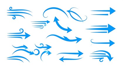 Assorted stylized blue arrows with curves and motion lines on white