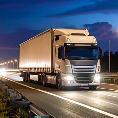 Cargo truck driving on a highway at night, lights on