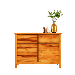 A polished wooden dresser with six drawers featuring decorative items on its surface
