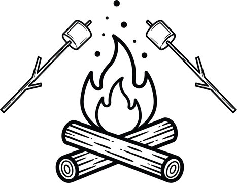 Hand drawn illustration of a campfire with two marshmallows roasting on sticks, representing outdoor activity and camping.