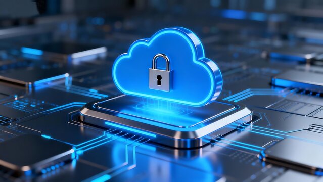 Digital Cloud Security Icon with Padlock on Futuristic Circuit Board cloud computing
