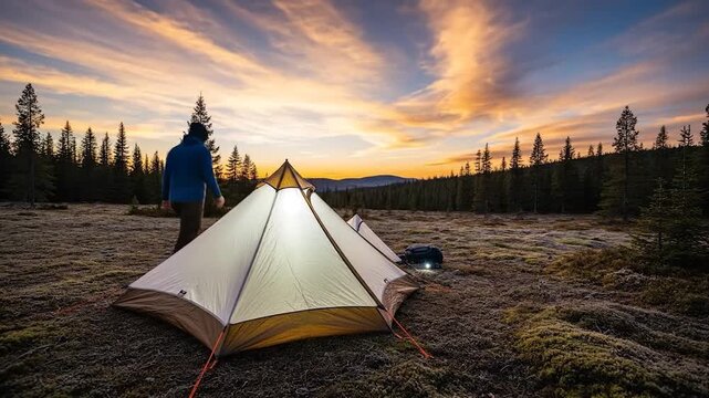 Person setting up a lightweight tent in a wilderness setting at sunrise creating a campsite for outdoor adventure and exploration