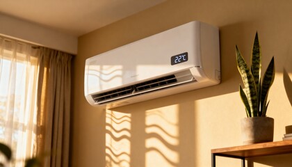 Modern air conditioner on a wall in a cozy home interior. Climate control system set to 22 degrees for comfort. Cooling and heating appliance with natural sunlight