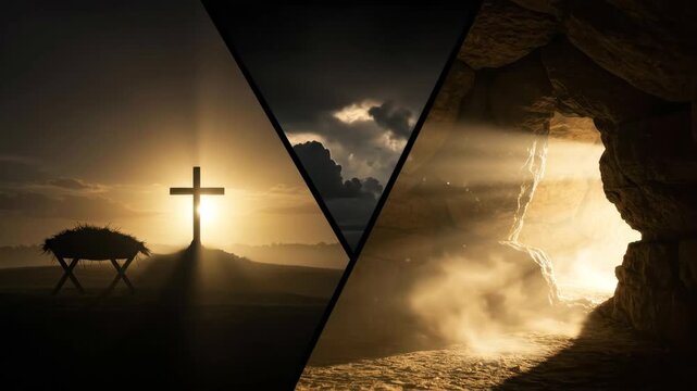Christian concept with manger under cross and light from empty tomb. Biblical narrative of salvation on Resurrection Sunday.