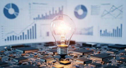 A glowing light bulb on a circuit board with data charts in the background.