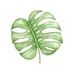 Vector illustration of a monstera leaf with distinct splits and holes, showcasing its tropical design and vibrant green color.