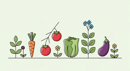 Fresh garden vegetables and plants line art illustration design