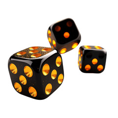 Three Black Dice With Glowing Orange Pips And Glitter Particles Float On A Transparent Background