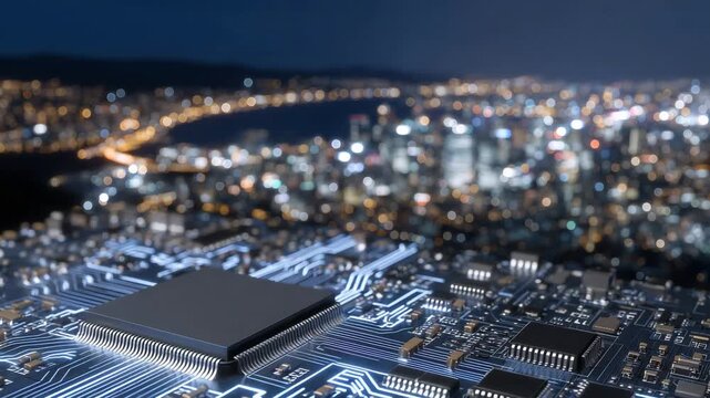178Top-view close-up of advanced circuit board with densely packed microchips, illuminated conductive lines, abstract tech pattern conveying innovation