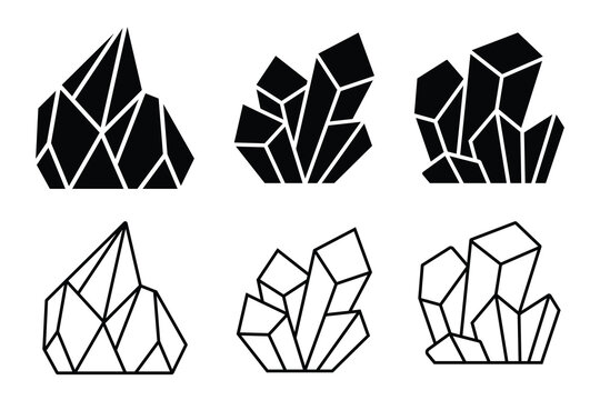 Crystals icons vector set. Collection of crystal silhouettes icon symbol. Abstract geometric shapes. Gemstone icons in a linear minimal style and silhouette. Vector illustration. 