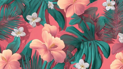 Obraz premium Tropical exotic flowers and leaves seamless pattern.