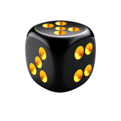 A single glossy black die with glowing orange pips is centered against a dark background