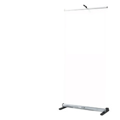 A Blank Roll Up Banner Stand With A Silver Pole And Dark Grey Base Against A Transparent Background