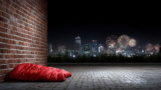 Red sleeping bag on brick terrace with city skyline and fireworks at night, cozy urban celebration atmosphere
