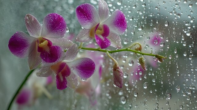 Vibrant orchid blooms are adorned with fresh water droplets behind a rain-streaked pane