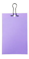 A metal binder clip secures a single pastel lavender colored piece of paper