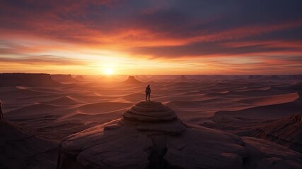 Person standing on rock overlooking expansive desert landscape at sunset or sunrise - Powered by Adobe