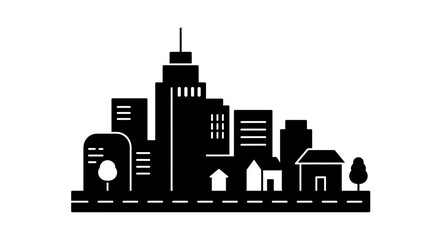 Obraz premium Cityscape Silhouette with Buildings, Houses, and Tree