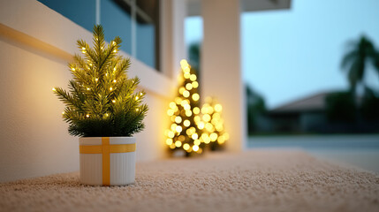 Fototapeta premium Festive potted evergreen with warm string lights outdoor porch decoration with bokeh lighted tree and cozy evening atmosphere