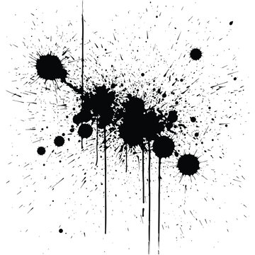 Abstract black ink splatter and drips on white background
