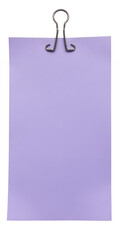 A Single Purple Paper Note Held By A Silver Binder Clip Isolated On A Transparent Background