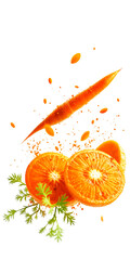 Vibrant orange slices and a carrot piece with green leaves and airborne particles