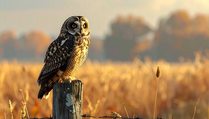 Bird of prey perched on a weathered wooden post in a field