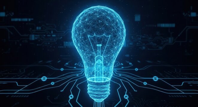 A glowing light bulb on a dark background with a circuit board pattern.