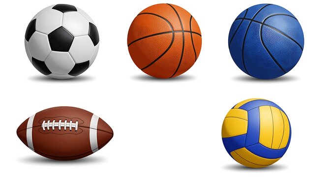 Collection of five different sports balls isolated on white background