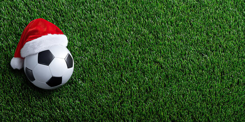 Soccer ball with Santa hat on green grass evoking festive sports spirit and holiday celebration